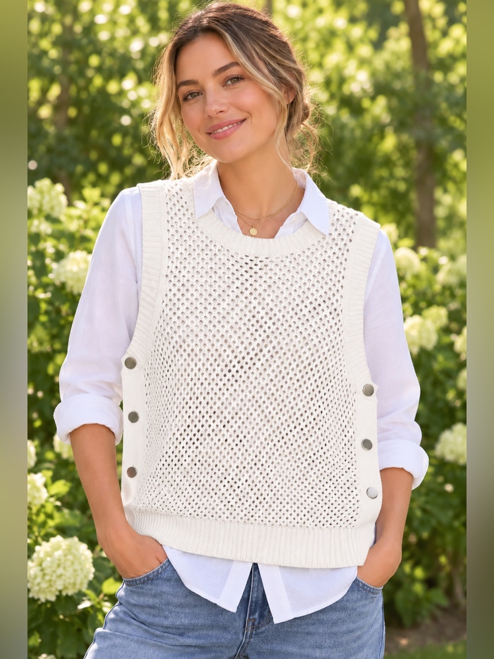 Spartina 449 Cream Button Side Perforated Sweater Vest.